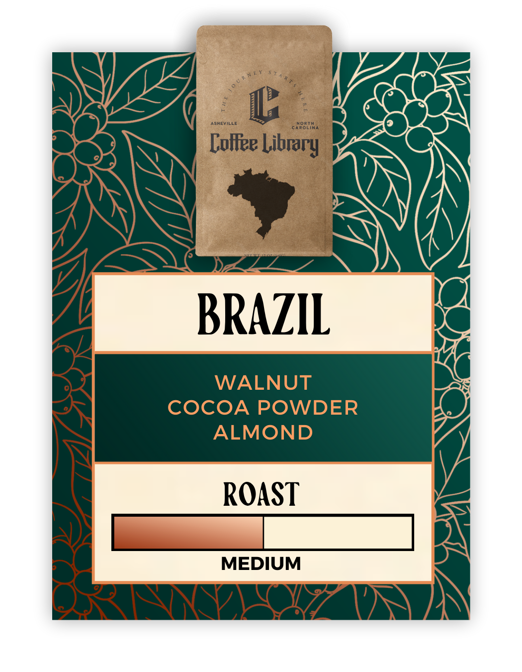 Coffee Library, Single Origin Coffee, Brazilian Coffee, Walnut, Milk Chocolate, Fudgy, Medium Roast, Natural Process, Mundo Novo Varietal, Coffee Library Specialty, Asheville Coffee Roaster