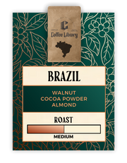 Coffee Library, Single Origin Coffee, Brazilian Coffee, Walnut, Milk Chocolate, Fudgy, Medium Roast, Natural Process, Mundo Novo Varietal, Coffee Library Specialty, Asheville Coffee Roaster