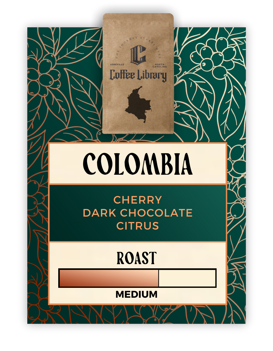 Coffee Library, Single Origin Coffee, Colombia Coffee, Cherry, Dark Chocolate, Citrus, Caramel, Brown Sugar, Medium Roast